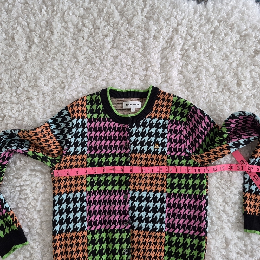 Teddy Fresh Houndstooth Colorblock Cardigan S 100% Cotton Neon Graphic Unisex - Picture 6 of 9